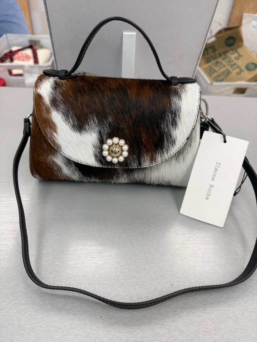 Simone Rocha Brown and White Haircalf Top-Handle Shoulder Bag with Pearl Button
